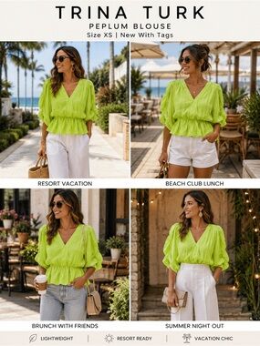 Trina Turk Neon Lime Peplum Blouse XS NWT Resort Vacation Chic Tropical
